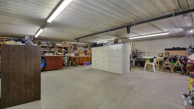 garage with a workshop area