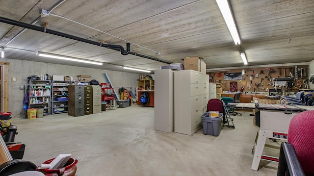 garage with a workshop area