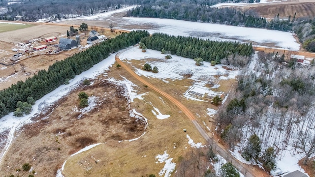 snowy aerial view featuring a view of trees