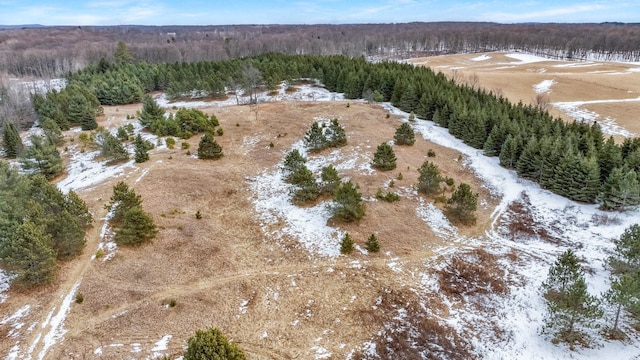 bird's eye view featuring a wooded view