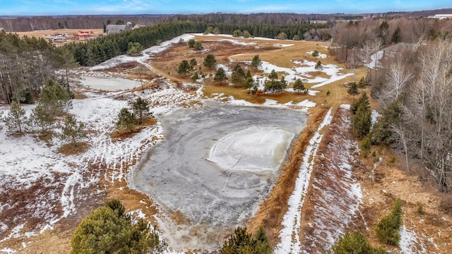 snowy aerial view featuring a wooded view