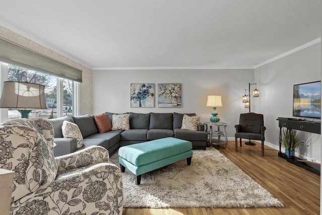 living area with wood finished floors, baseboards, and ornamental molding