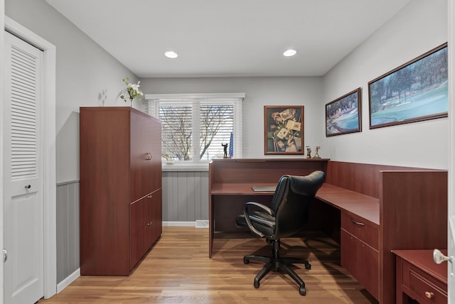 home office with recessed lighting and light wood finished floors