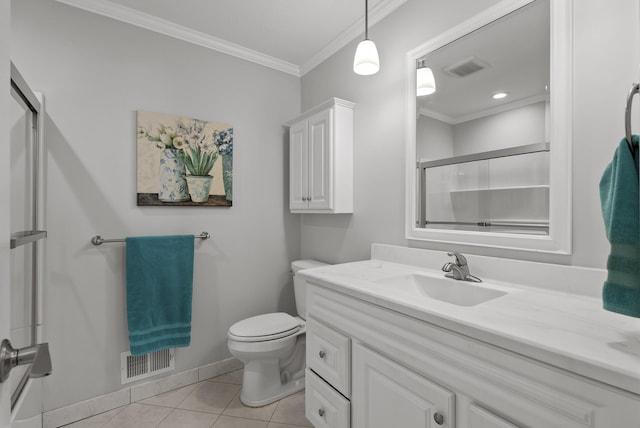 bathroom featuring visible vents, toilet, ornamental molding, a shower with shower door, and tile patterned floors