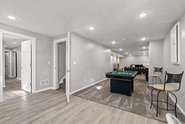 recreation room featuring visible vents, wood finished floors, recessed lighting, pool table, and baseboards