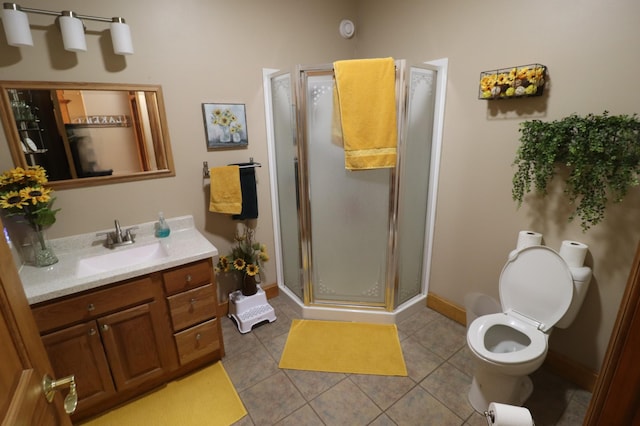 full bathroom with toilet, a stall shower, vanity, and tile patterned floors