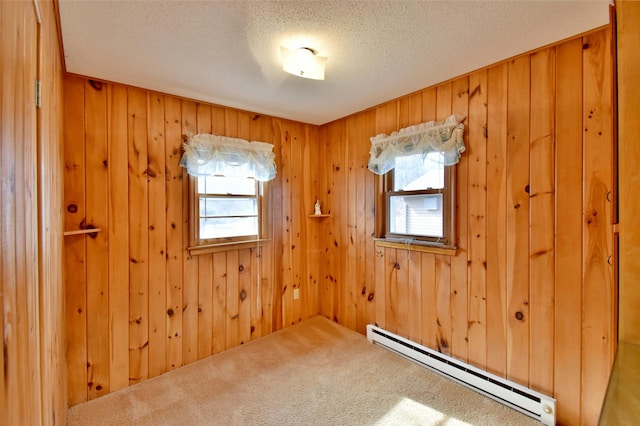 carpeted empty room with a wealth of natural light, wood walls, baseboard heating, and a textured ceiling