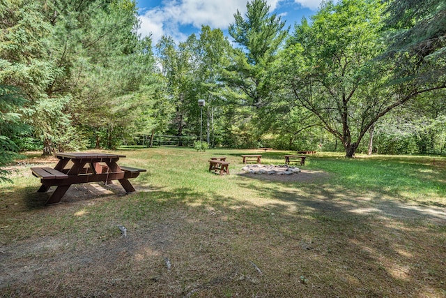 view of community with an outdoor fire pit and a lawn