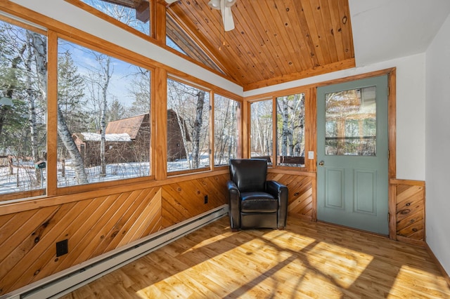 unfurnished sunroom featuring lofted ceiling, wooden ceiling, a baseboard radiator, and a ceiling fan