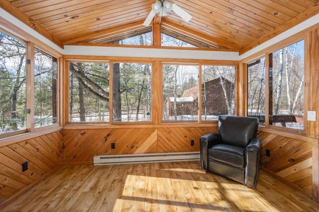 sunroom featuring vaulted ceiling, baseboard heating, wood ceiling, and a ceiling fan