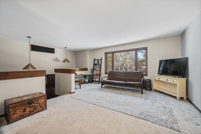 carpeted living room with a textured ceiling