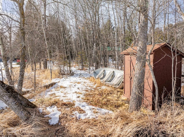 snowy yard with an outbuilding and a storage unit