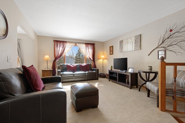 living area with a textured ceiling and light carpet