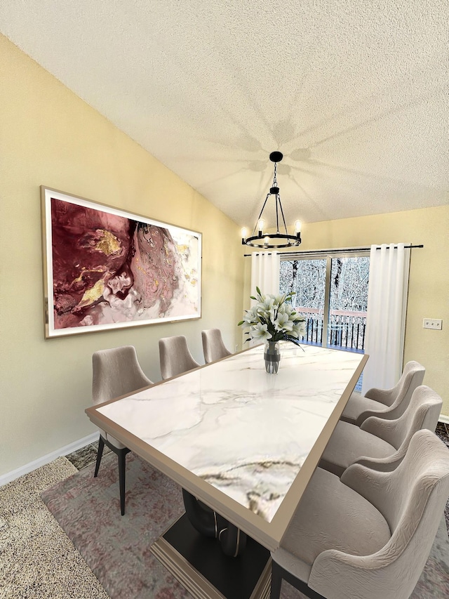 dining area featuring baseboards, lofted ceiling, a textured ceiling, and an inviting chandelier