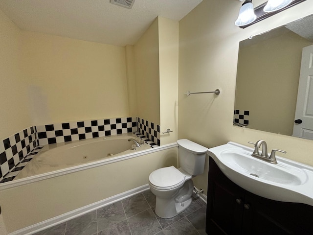 bathroom with a tub with jets, toilet, vanity, and visible vents