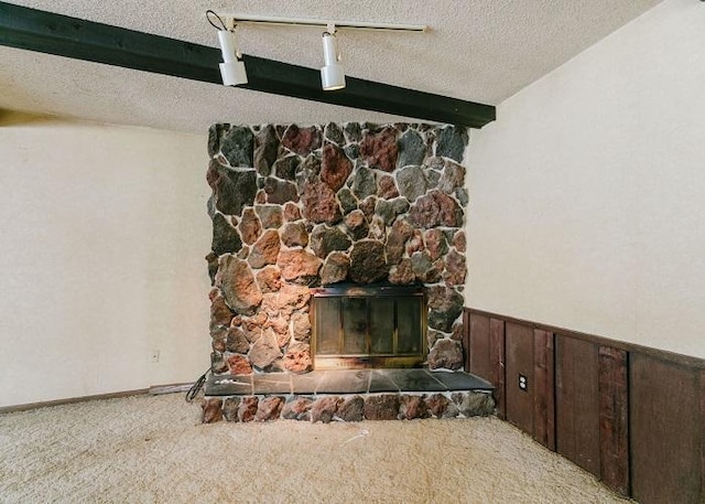 interior details featuring a wainscoted wall, a stone fireplace, a textured ceiling, and carpet flooring