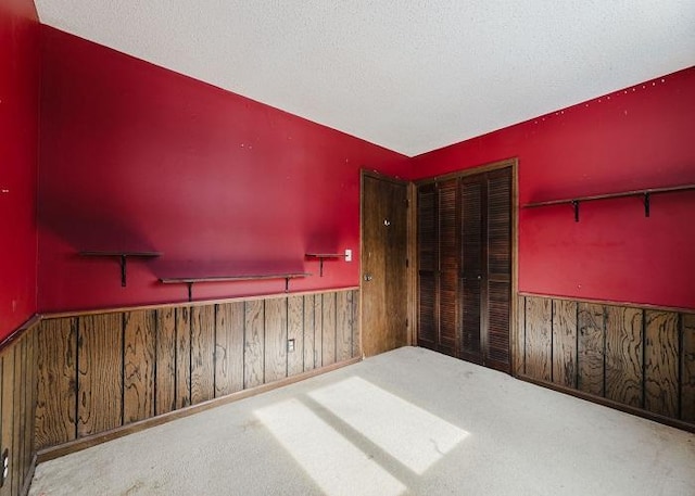 spare room featuring a wainscoted wall, a textured ceiling, carpet flooring, and wooden walls