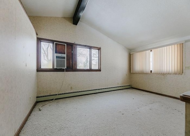 carpeted empty room featuring a baseboard heating unit, cooling unit, vaulted ceiling with beams, and baseboards