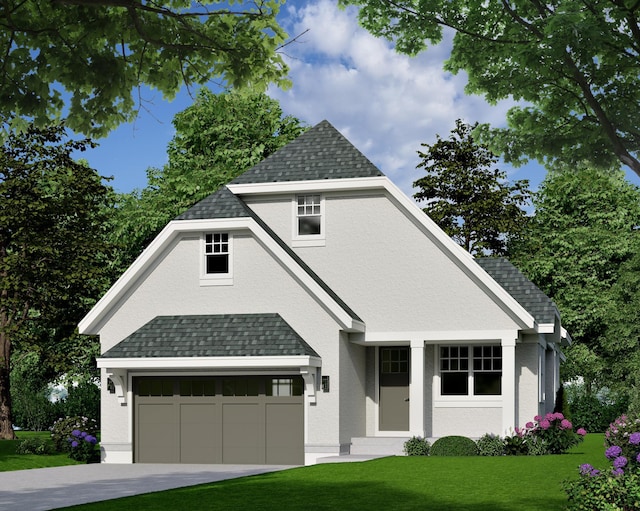 view of front of house featuring roof with shingles, stucco siding, an attached garage, a front yard, and driveway
