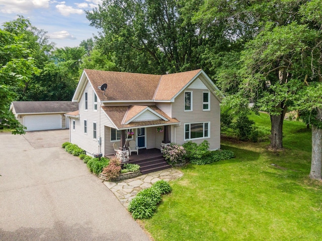 301 Lake St, Waconia, MN 55387 - view of front of house featuring a porch, a shingled roof, a front lawn, a garage, and view of scattered trees