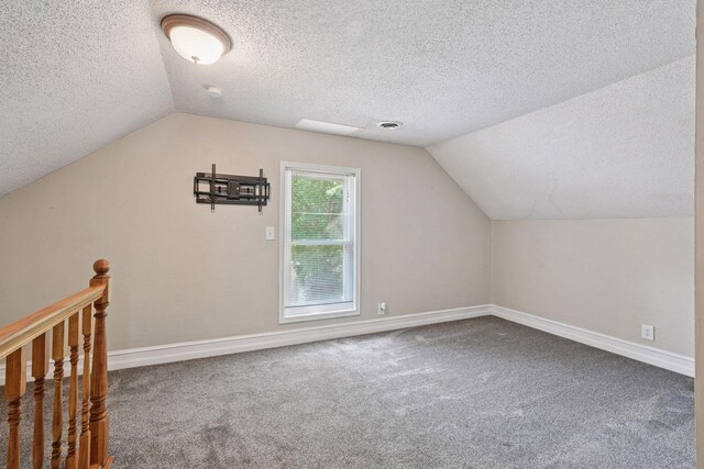 301 Lake St, Waconia, MN 55387 - additional living space featuring a textured ceiling, lofted ceiling, carpet, and baseboards