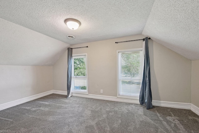 301 Lake St, Waconia, MN 55387 - bonus room featuring a textured ceiling, lofted ceiling, carpet flooring, and baseboards