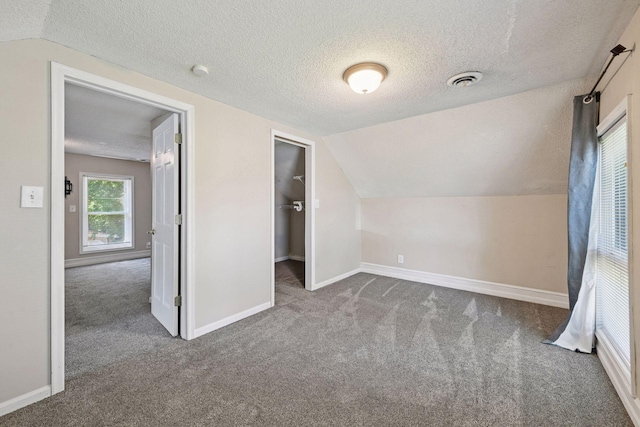 301 Lake St, Waconia, MN 55387 - additional living space with carpet flooring, a textured ceiling, vaulted ceiling, and baseboards