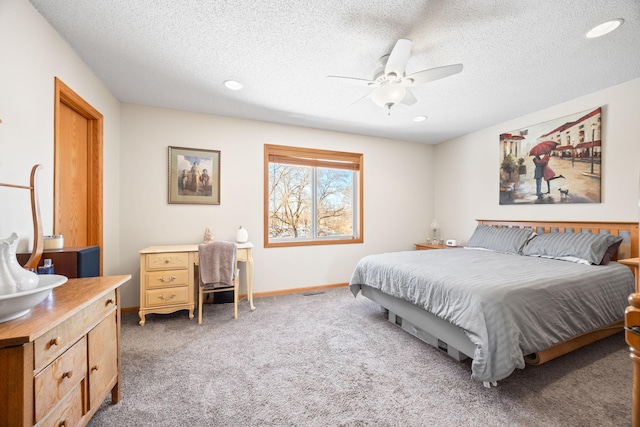 carpeted bedroom with recessed lighting, ceiling fan, a textured ceiling, and baseboards