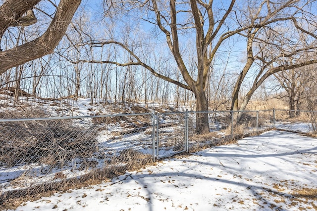 yard layered in snow featuring fence