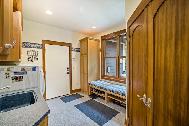 35365 Boot Lake Rd, Park Rapids, MN 56470 - mudroom featuring washer and dryer, a sink, and recessed lighting