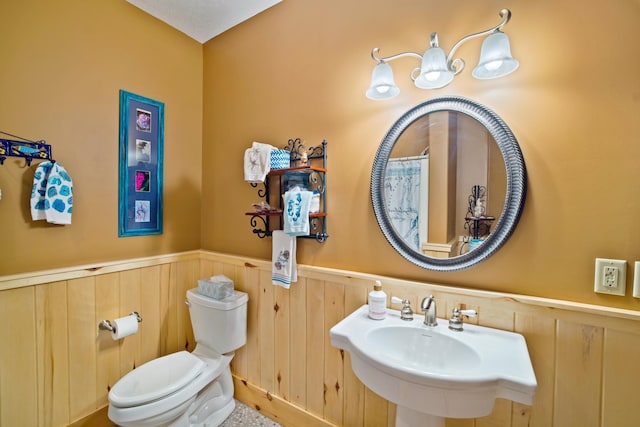 35365 Boot Lake Rd, Park Rapids, MN 56470 - bathroom with wainscoting, a sink, toilet, and a shower with curtain