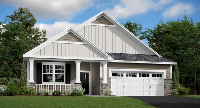 craftsman house featuring a garage, stone siding, a porch, and board and batten siding