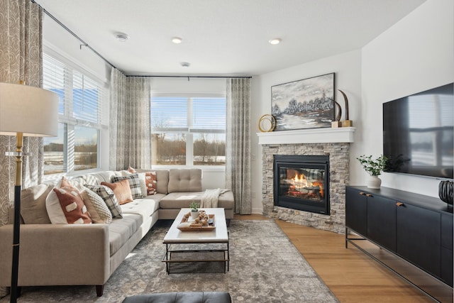 living room with a stone fireplace, wood finished floors, and a wealth of natural light