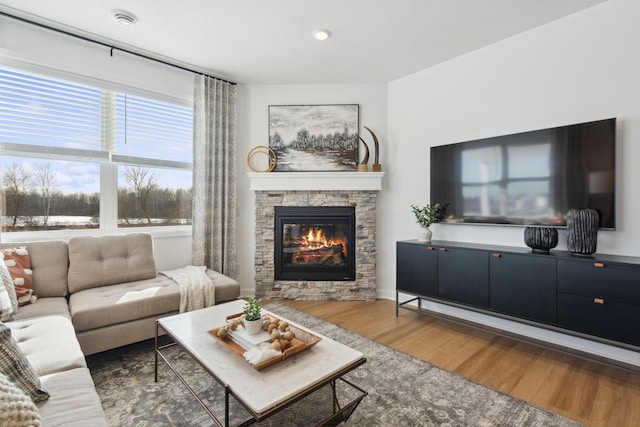 living area with a fireplace and wood finished floors