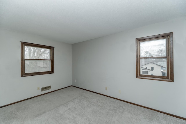 carpeted spare room with a textured ceiling, baseboards, and a wealth of natural light