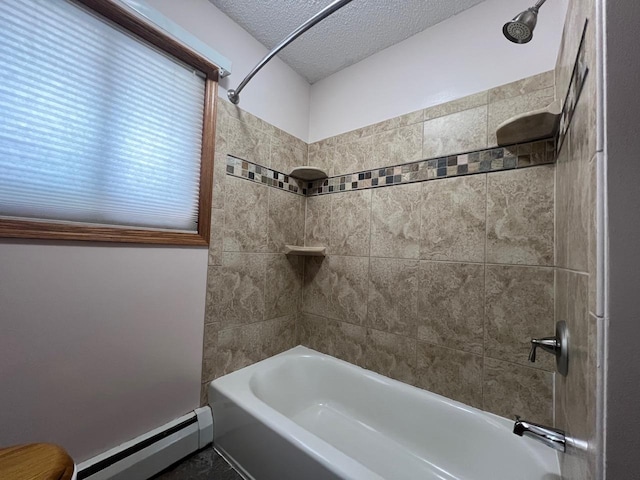 full bath with  shower combination, a textured ceiling, and baseboard heating