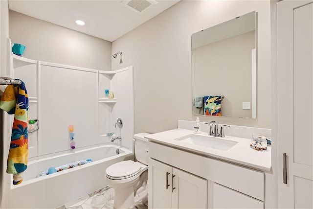 full bath with toilet, tub / shower combination, vanity, and visible vents