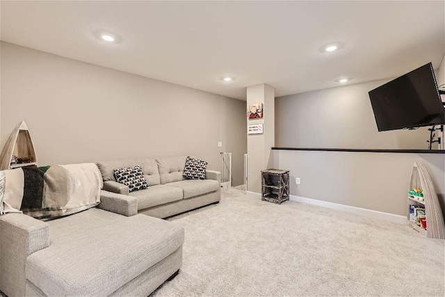 living area featuring carpet floors, recessed lighting, and baseboards