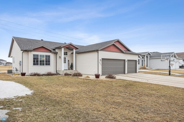 ranch-style home with a garage, concrete driveway, roof with shingles, and a front lawn