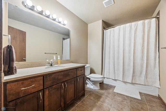 full bath featuring visible vents, toilet, tile patterned flooring, shower / bath combination with curtain, and vanity