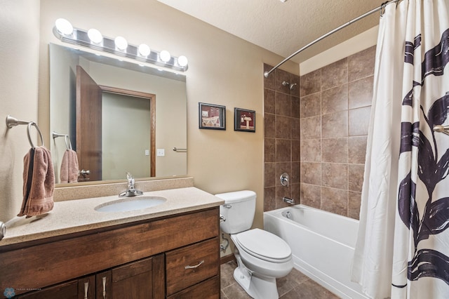 bathroom with a textured ceiling, tile patterned flooring, toilet, vanity, and shower / tub combo with curtain