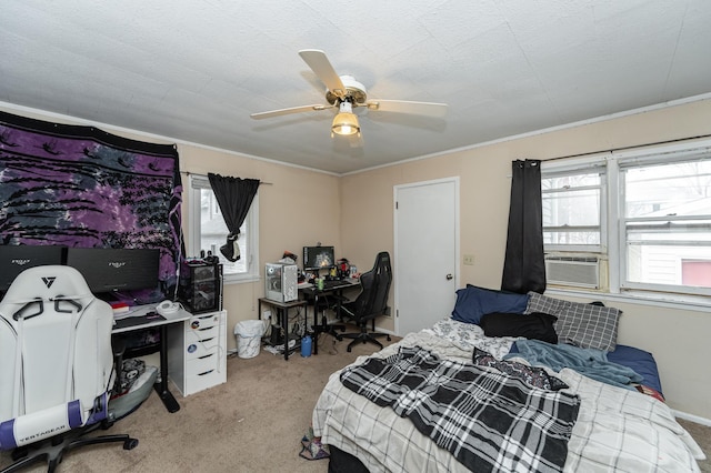 carpeted bedroom with a ceiling fan, cooling unit, crown molding, and a textured ceiling