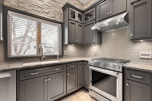 kitchen with a sink, stainless steel appliances, gray cabinetry, under cabinet range hood, and backsplash