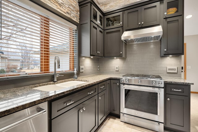 kitchen with stone counters, under cabinet range hood, a sink, appliances with stainless steel finishes, and tasteful backsplash