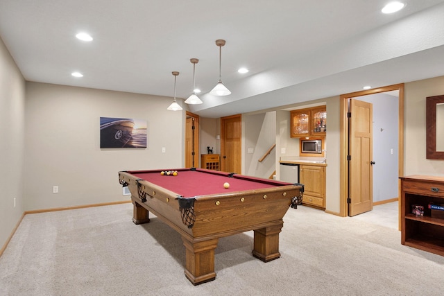 recreation room with pool table, recessed lighting, baseboards, and light colored carpet