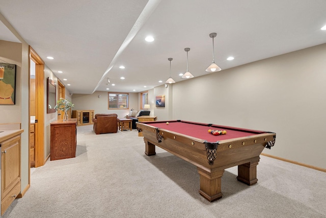 recreation room featuring light carpet, billiards, a fireplace, and recessed lighting