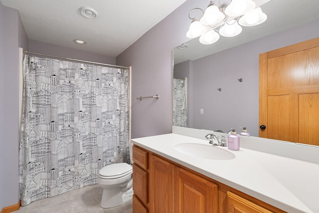 full bath featuring vanity, tile patterned flooring, toilet, and an inviting chandelier