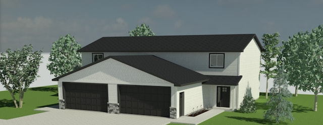 view of front facade with an attached garage, a front lawn, and decorative driveway