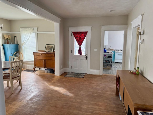 entryway featuring baseboards and wood finished floors