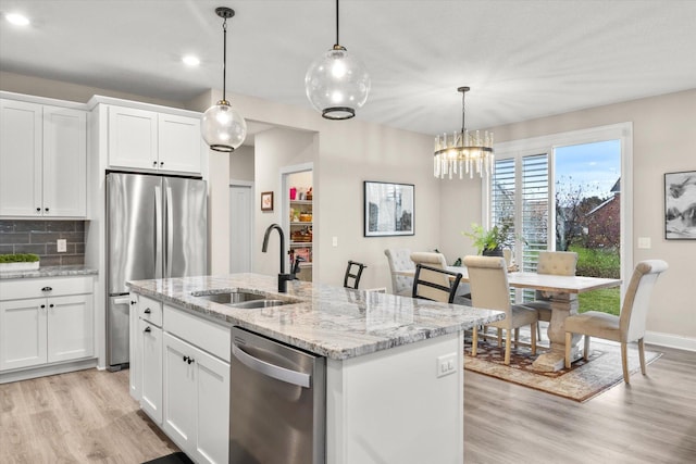 kitchen with appliances with stainless steel finishes, light wood-type flooring, a sink, and tasteful backsplash